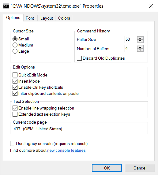 cmd.exe options property panel (before)