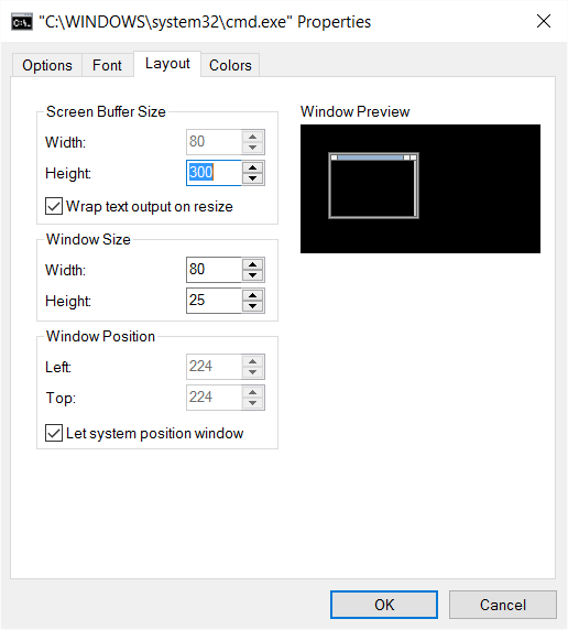 cmd.exe layout property panel (before)